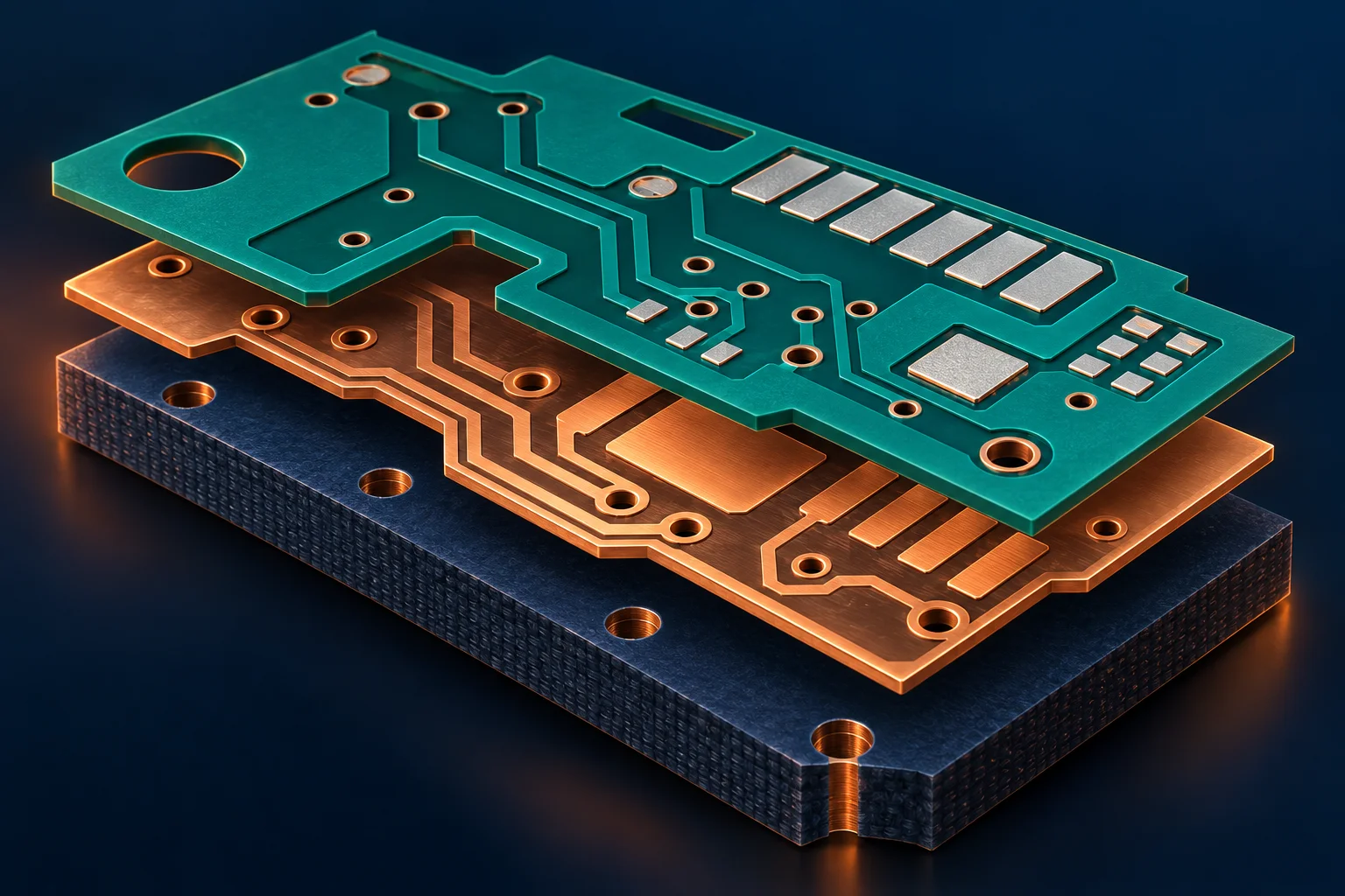 Conceptual exploded PCB illustration showing metallic pads, copper and substrate